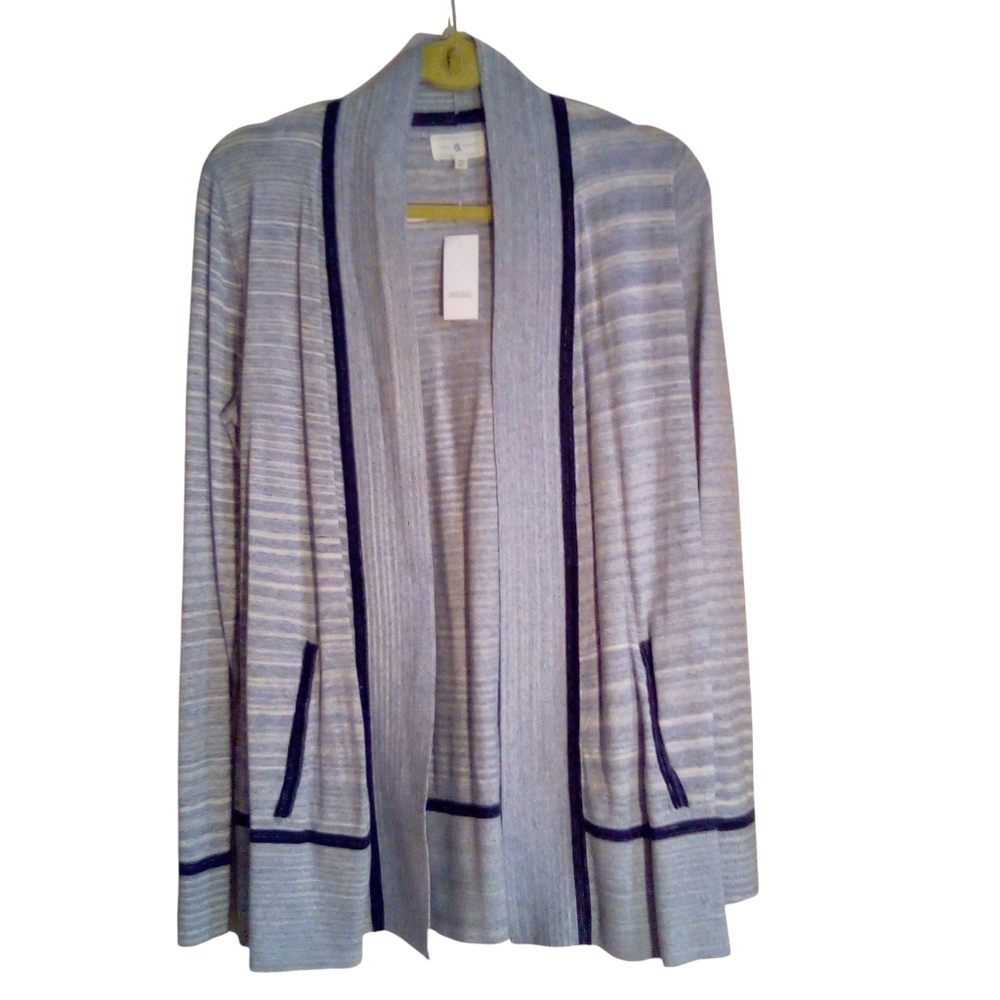 Lou & Grey Open Front Cardigan Medium Coastal Lightweight Striped Pockets Blue